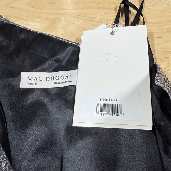 Mac Duggal NWT Brocade Silver One Shoulder Bow Midi Dress Size 14 Fit & Flare - Picture 5 of 8